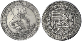 Haus Habsburg
Erzherzog Ferdinand II., 1564-1595
Reichstaler o.J. Hall. Harnisch mit 3 Bändern mit Ornamenten verziert. Zepter zeigt auf R, Ellbogen...