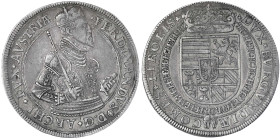 Haus Habsburg
Erzherzog Ferdinand II., 1564-1595
Reichstaler o.J. Hall. Harnisch mit 3 Reihen Schnallen und großem Brustschild. Zepter zeigt auf A. ...