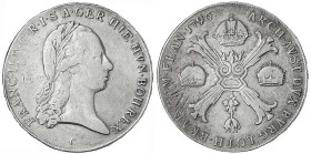 Haus Habsburg
Franz II.(I.), 1792-1835
Kronentaler 1796 C, Prag. 29,35 g. fast sehr schön. Herinek 475.