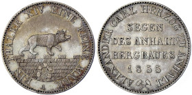 Anhalt-Bernburg
Alexander Carl, 1834-1863
Ausbeutetaler 1855 A. vorzüglich, schöne Tönung. Jaeger 66. Thun 3. AKS 16. Davenport. 504.