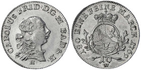 Baden-Durlach
Karl Friedrich, 1738-1806
10 Kreuzer 1769 W. fast Stempelglanz, Prachtexemplar, sehr selten in dieser Erhaltung. Wieland 736.