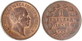Baden-Durlach
Friedrich I., 1852-1907
Kreuzer 1856 Grosherzog. fast Stempelglanz. Jaeger 74. AKS 131.