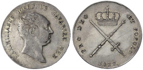 Bayern
Maximilian IV. (I.) Joseph, 1799-1806-1825
Kronentaler 1813. sehr schön/vorzüglich, winz Randfehler. Jaeger 14. Thun 44. AKS 44.