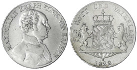 Bayern
Maximilian IV. (I.) Joseph, 1799-1806-1825
Konventionstaler 1822 sehr schön, etwas gereinigt. Jaeger 16. Thun 46. AKS 49.