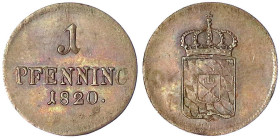 Bayern
Maximilian Joseph, 1799-1825, ab 1806 König
Pfennig 1820. Stempelglanz/Erstabschlag, schöne Kupferpatina, selten in dieser Erhaltung Ex. Münz...