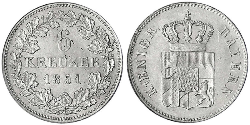 Bayern
Maximilian II. Joseph, 1848-1864
6 Kreuzer 1851, geändert aus 1849. vor...