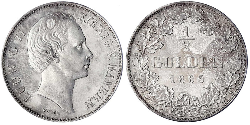 Bayern
Ludwig II., 1864-1886
1/2 Gulden 1865. prägefrisch/fast Stempelglanz, s...