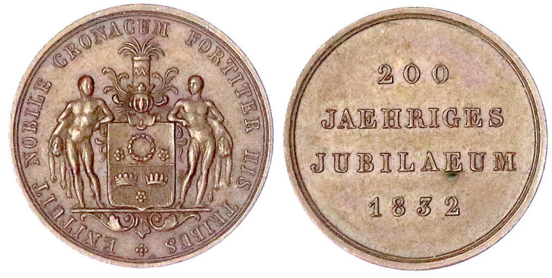 Bayern-Kronach, Stadt
Bronzemedaille 1832, unsigniert, a.d. 200-Jf. der 1. erfo...