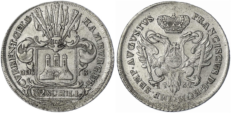 Hamburg-Stadt
32 Schilling (2 Mark) 1762 OHK. Mit Titel Franz I. Münzmeister Ot...