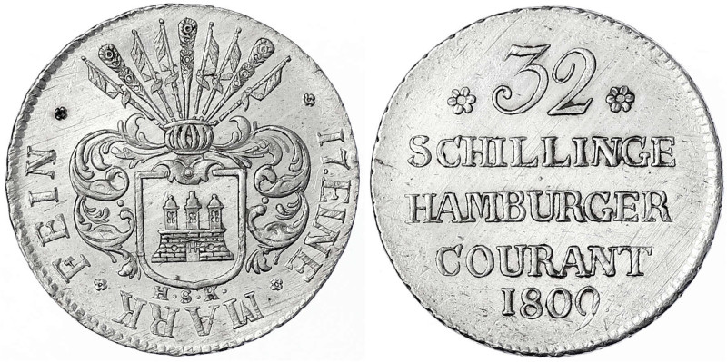 Hamburg-Stadt
32 Schilling 1809, HSK. vorzüglich/Stempelglanz. AKS 13. Jaeger 3...