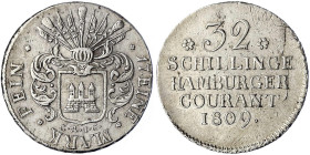 Hamburg-Stadt
32 Schilling 1809, CAIG. vorzüglich, min. justiert und interess. Stempelbruch. AKS 14. Jaeger 39b.