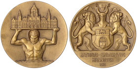 Hannover-Stadt
Große Bronzemedaille 1913 sign. G, a.d. Einweihung des Rathauses. Riese stemmt Rathaus/von zwei Löwen gehaltenes Wappen mit büffelgehö...