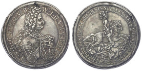 Hohenlohe-Neuenstein
Wolfgang Julius, 1641-1698
Reichstaler 1697, Nürnberg. Ritter reitet n.r. über die personifizierten Laster Neid, Geiz und Wollu...
