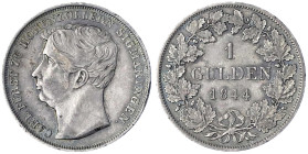 Hohenzollern-Sigmaringen
Karl, 1831-1848
Gulden 1844, ohne DOELL. sehr schön/vorzüglich, kl. Randfehler, schöne Patina, selten. Jaeger 13b. AKS 11....