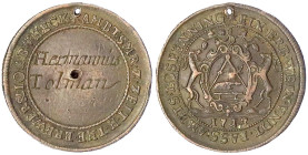 Köln-Stadt
Kupfer-Freizeichen 1713 der Fassbinderzunft. 29 mm. Graviert "Hermannus Tolman". sehr schön, gelocht. Noss 571.