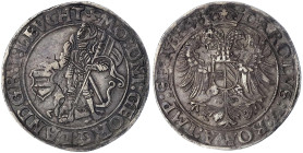 Leuchtenberg
Georg III., 1531-1555
Reichstaler 1548, Pfreimdt. Umschrift endet auf LEUCHT. 28,53 g. gutes sehr schön, schöne Patina. Davenport. 9370...