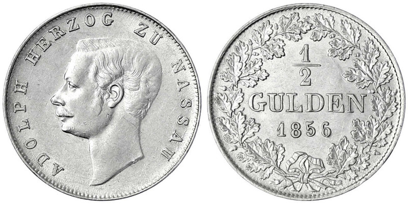 Nassau
Adolph, 1839-1866
1/2 Gulden 1856 gutes vorzüglich, winz. Randfehler. J...