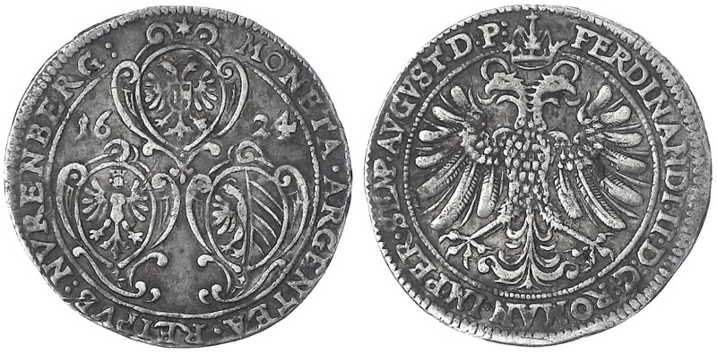 Nürnberg-Stadt
1/4 Reichstaler 1624, mit Titel Ferdinands II. Drei kleeblattför...