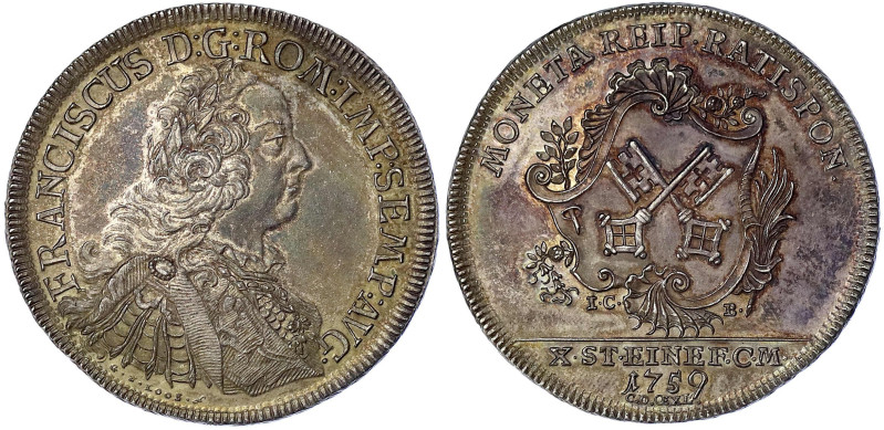 Regensburg-Stadt
Konventionstaler 1759 IC-B. Mit Titel Franz I. Stadtwappen/Brb...