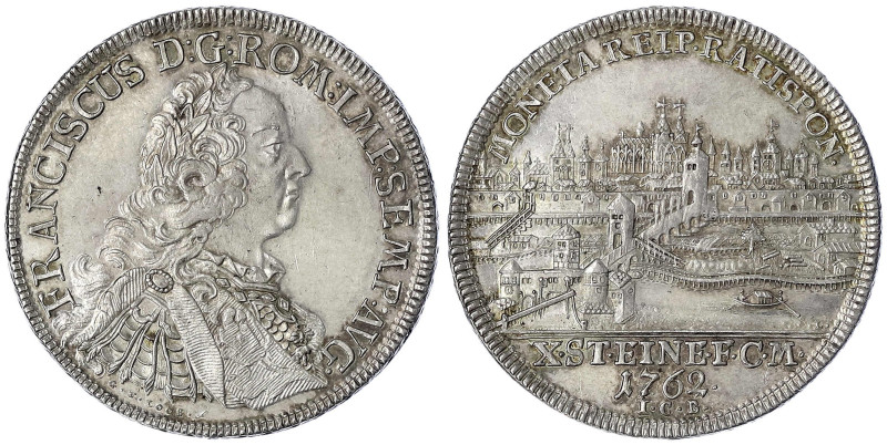 Regensburg-Stadt
Konventionstaler 1762, Stadtansicht. 28,13 g. vorzüglich/Stemp...