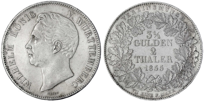 Württemberg
Wilhelm I., 1816-1864
Vereinsdoppeltaler 1855. sehr schön, kl. Ran...