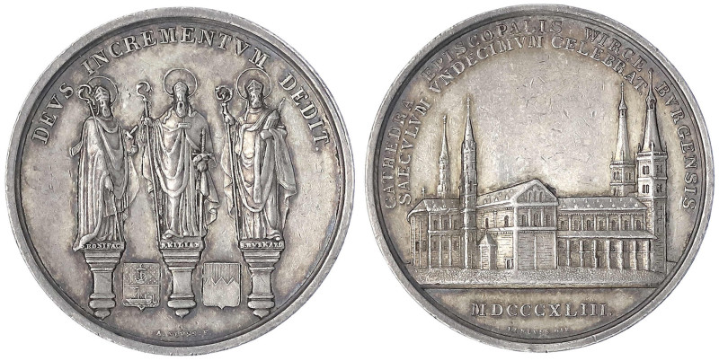 Würzburg-Stadt
Silbermedaille 1843 von Neuss, zum 1100j. Stiftsjub. 40 mm; 27,8...