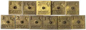 Münzwaagen und Münzgewichte
11 div. Messing-Goldmünzengewichte aus einer bergischen Waage um 1800. vorzüglich