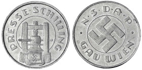 Drittes Reich
Alumarke "Presse-Schilling" o.J. NSDAP Gau Wien. 31 mm. vorzüglich