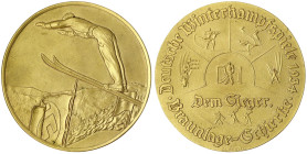 Drittes Reich
Vergoldete Bronzemedaille 1934 von Glöckler. Deutsche Winterkampfspiele Braunlage-Schierke. Dem Sieger. 92 mm. Im Originaletui. vorzügl...
