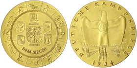 Drittes Reich
Vergoldete Bronzemedaille 1934 von Glöckler. Siegermedaille der deutschen Kampfspiele. 90 mm. Mit Originaletui. vorzüglich