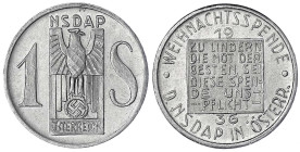 Drittes Reich
Österreich: 1 Schilling 1936. NSDAP Weihnachtsspende. Aluminium, 26 mm. vorzüglich