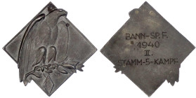 Drittes Reich
Klippenförmige Zinkplakette 1940. HJ Bann-Sp.F. II. Stamm-5-Kampf. 40 mm. vorzüglich, etwas Belag