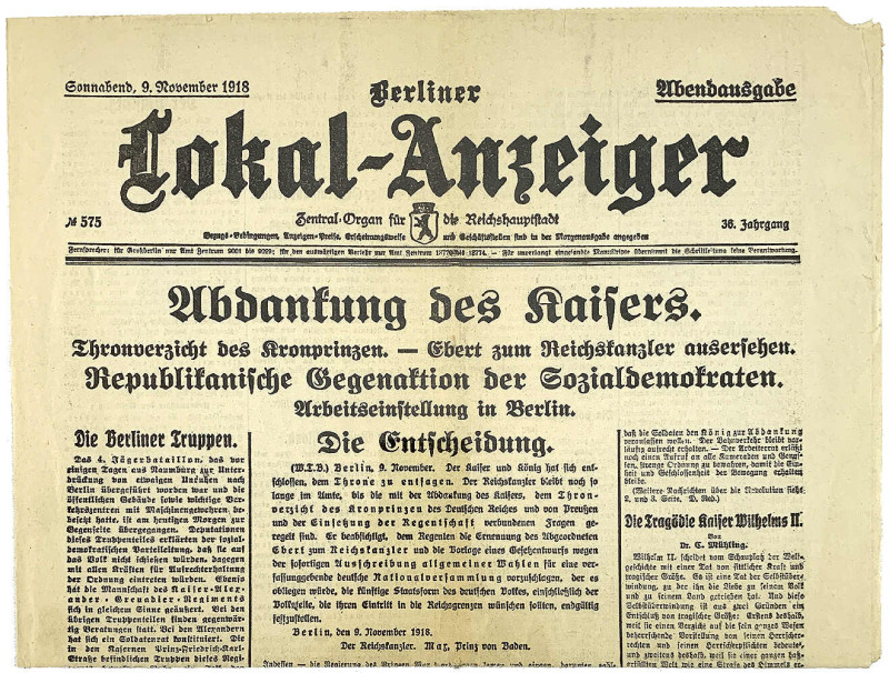 Erster Weltkrieg
Original-Zeitung: Berliner Lokal-Anzeiger, Sonnabend, 9. Novem...