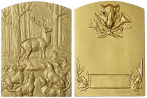 Jagd und Fischerei
Vergoldete Bronzeplakette o.J. von Ch. Virion. Hirsch im Wald, von Hunden umzingelt/Schweinekopf mit Jagdhorn über Leerfeld und Ta...