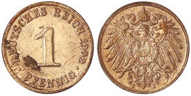 1 Pfennig großer Adler, Kupfer 1890-1916
1902 J. Auflage nur 150 Ex. fast sehr schön, gereinigt, äußerst selten Ex. Segl Stuttgart Auktion 1, 1978. J...