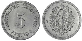 5 Pfennig kleiner Adler, Kupfer/Nickel 1874-1889
1874 D. fast Stempelglanz. Jaeger 3.