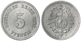5 Pfennig kleiner Adler, Kupfer/Nickel 1874-1889
1888 G. fast Stempelglanz. Jaeger 3.