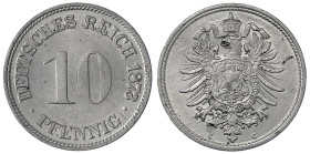 10 Pfennig kleiner Adler, Kupfer/Nickel 1873-1889
1873 C. fast Stempelglanz, Prachtexemplar Ex. Müller Solingen Auktion 13, 1974. Jaeger 4.