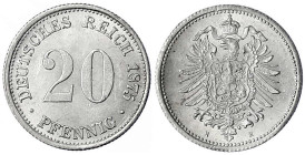 20 Pfennig kleiner Adler, Silber 1873-1877
1875 H. vorzüglich/Stempelglanz. Jaeger 5.