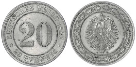 20 Pfennig kleiner Adler, Nickel 1887-1888
1887 G. fast Stempelglanz. Jaeger 6.