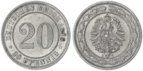 20 Pfennig kleiner Adler, Nickel 1887-1888
1888 E. prägefrisch/fast Stempelglanz. Jaeger 6.