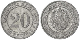20 Pfennig kleiner Adler, Nickel 1887-1888
1888 J. vorzüglich/Stempelglanz. Jaeger 6.