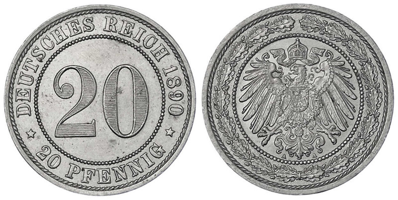 20 Pfennig großer Adler, Nickel 1890-1892
1890 A. vorzüglich/Stempelglanz. Jaeg...