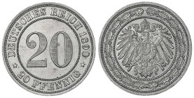 20 Pfennig großer Adler, Nickel 1890-1892
1890 A. vorzüglich/Stempelglanz. Jaeger 14.