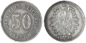 50 Pfennig kleiner Adler, Silber 1875-1877
1876 H. gutes vorzüglich, kl. Randfehler und Kratzer. Jaeger 7.