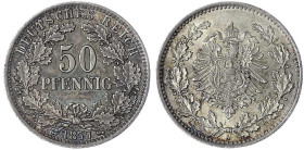 50 Pfennig kl. Adler Eichenzweige Silber 1877-1878
1877 A. fast Stempelglanz, schöne Patina. Jaeger 8.