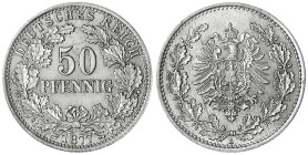 50 Pfennig kl. Adler Eichenzweige Silber 1877-1878
1877 A. gutes vorzüglich, min. Randfehler. Jaeger 8.