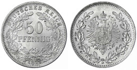 50 Pfennig kl. Adler Eichenzweige Silber 1877-1878
1877 D. fast Stempelglanz, Prachtexemplar. Jaeger 8.