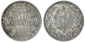 50 Pfennig kl. Adler Eichenzweige Silber 1877-1878
1877 D. fast Stempelglanz, winz. Randfehler, schöne Patina. Jaeger 8.