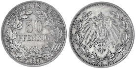 50 Pfennig gr. Adler Eichenzweige Silb. 1896-1903
1896 A. vorzüglich/Stempelglanz aus Erstabschlag, schöne Patina. Jaeger 15.